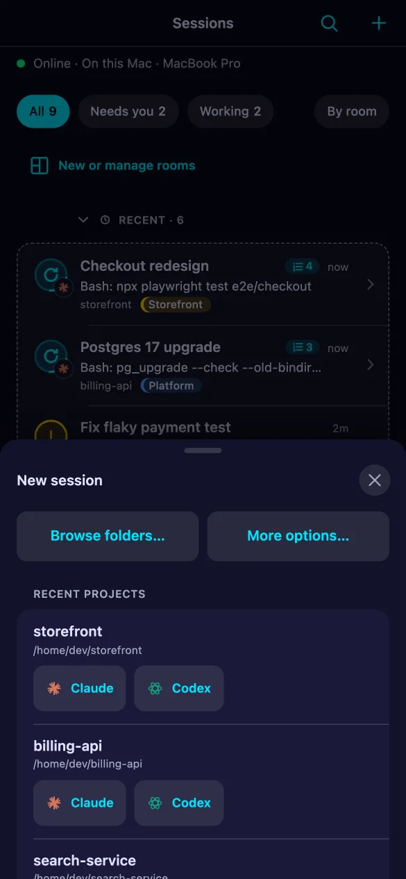 手机新建会话,选择项目与 AI 工具。